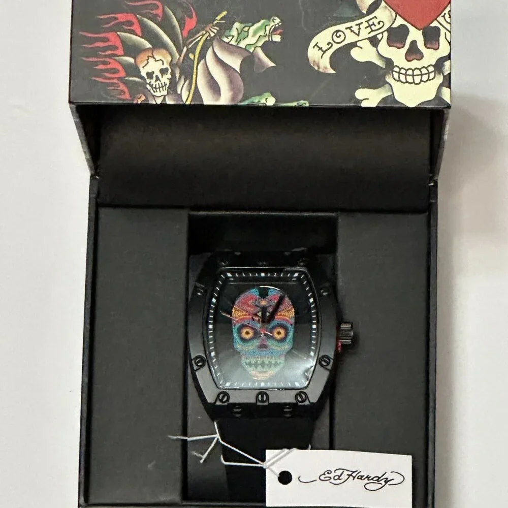 NEW Matte Black Silicone Strap Multicolor Skull Ed Hardy Watch